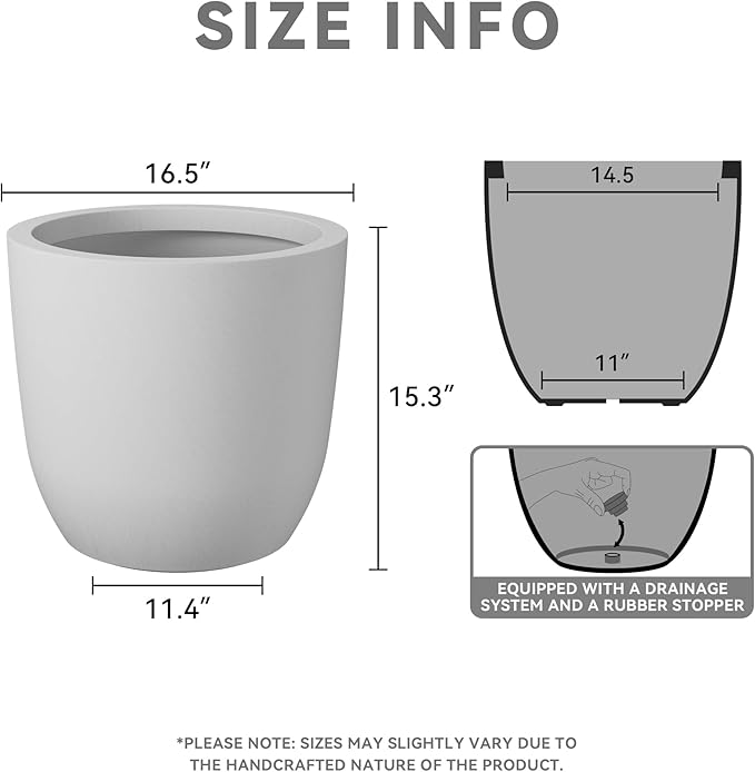 Kante 16.5" Dia Round Concrete Planter, Large Outdoor Modern Indoor Decorative Plant Pots with Drainage Hole and Rubber Plug for Home and Garden, Pure White Kante
