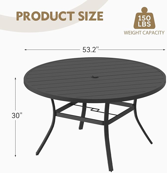MELLCOM 53'' Round Outdoor Dining Table for 6, Metal Patio Dining Table with Umbrella Hole, All-Weather Black Table for Porch, Garden, Backyard, Poolside, Lawn MELLCOM