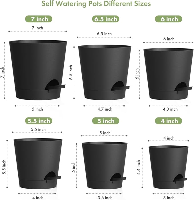7/6.5/6/5.5/5/4 inch Self Watering Pots for Indoor Outdoor Plants, 6 Pack Plastic Flower Planters with Drainage Holes and Removable Saucers, Plant Pots with Wicking Rope, Modern Decor, Black WSMKSZ