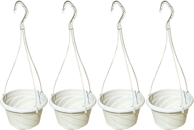 VIDELLY 4 Pieces Plastic Hanging Planters, 5.9 in Dia x 3.54 in H, Small Flower Plant Basket Pots Chain Holder Garden Decoration for Indoor and Outdoor Use, Beige White VIDELLY
