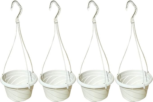 VIDELLY 4 Pieces Plastic Hanging Planters, 5.9 in Dia x 3.54 in H, Small Flower Plant Basket Pots Chain Holder Garden Decoration for Indoor and Outdoor Use, Beige White VIDELLY