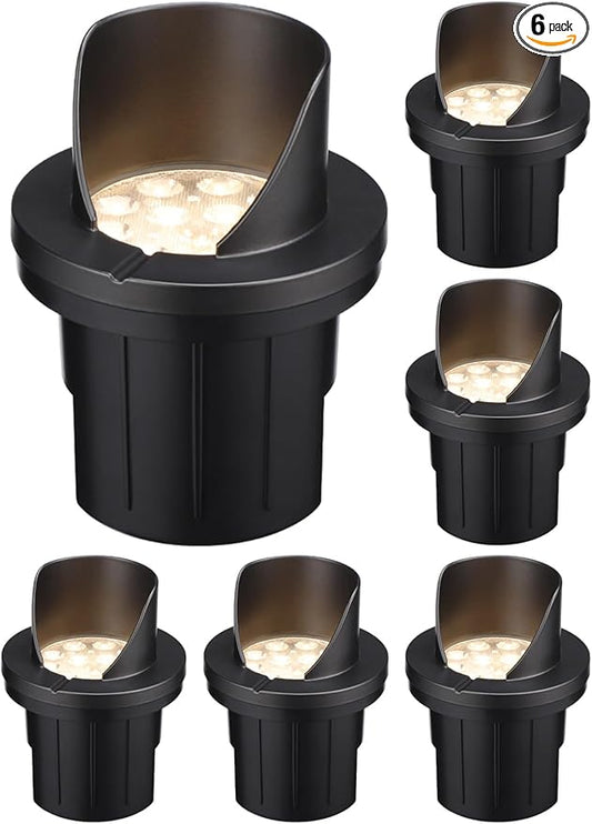 LEONLITE Dia. 4 Inch Well Lights Landscape LED In Ground, Shielded Top, 3000K Warm White, 12-24V AC/DC CRI90 Low Voltage Garden Landscaping, Black Aluminum Housing, Pack of 6 LEONLITE
