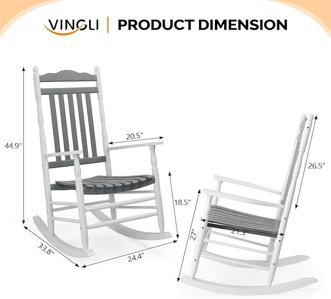 VINGLI Wooden Rocking Chair, Outdoor Chair with 450 lbs Support, Relaxing Rocker with Solid Wood High Back Seat Reclining Seat for Deck, Garden, Backyard, Porch (White & Grey, 1PC) VINGLI