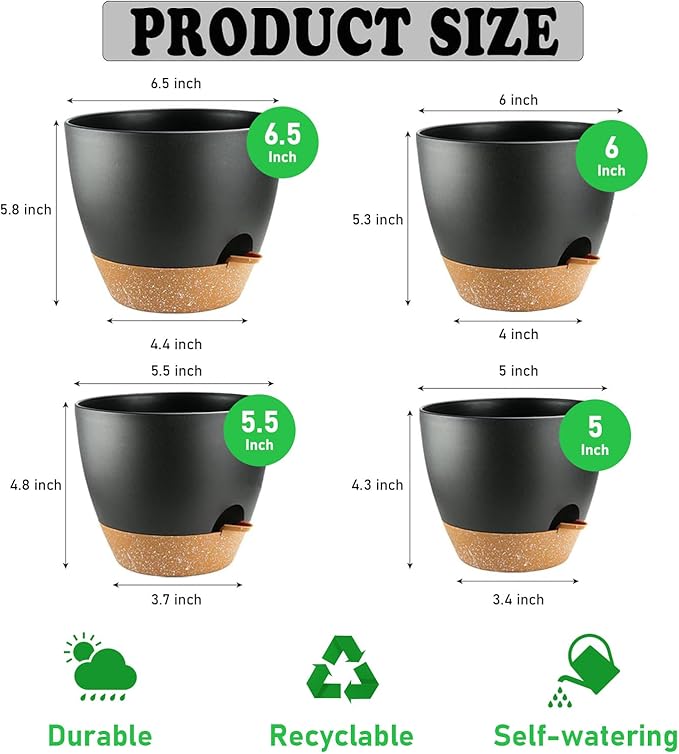 4-Pack Plant Pots with Drainage 6.5/6/5.5/5 Inch, Self Watering Pots for Indoor Plants, Planters for Indoor Outdoor Plants, Plastic Flower Pot, Planter for Indoor Outdoor (Black) Rootora