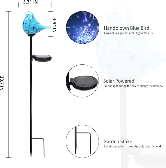 Bshine Solar Garden Decoration Outdoor Bluebird Lights, Hand Blown Glass Waterproof Solar Light Stake Decorate Paths, Pathways, Lawns and Yards Art for Mom Gifts Bshine
