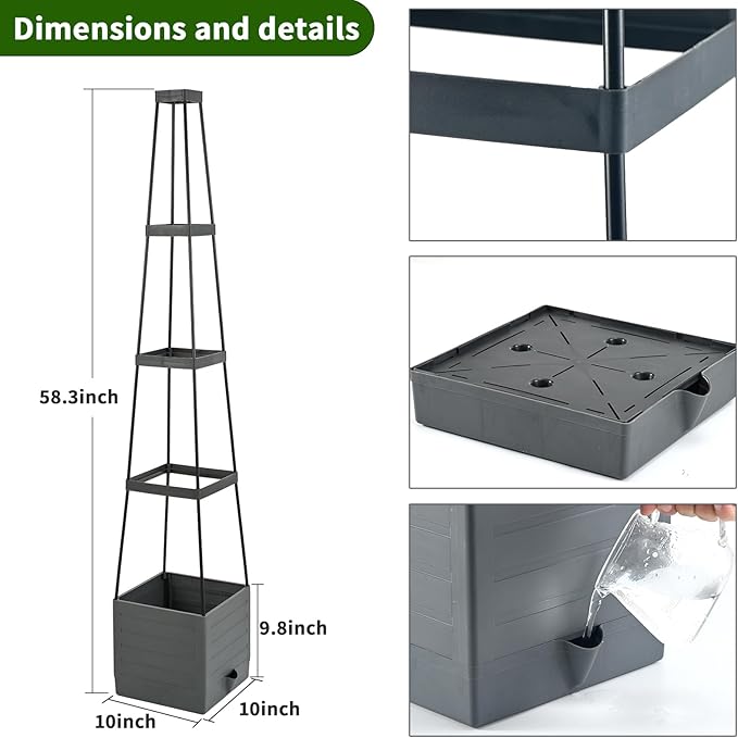 Raised Garden Bed, Planter Boxes with Trellis 58.3'' Tomato Planters for Climbing Vine Vegetables Flowers Plants Self Watering Tomatoes Cage for Outdoor Patio Greenhouse Qaobo