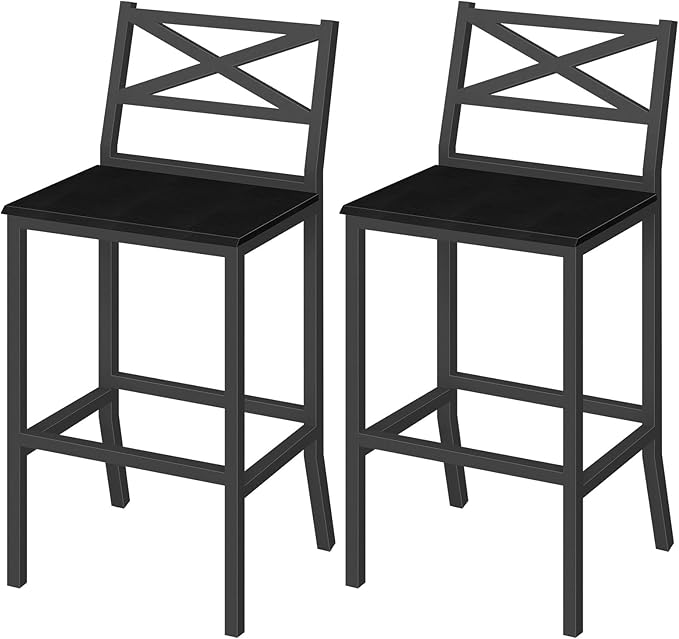 Bar Stools, Set of 2 Bar Chairs with Backrest and Footrest, 26" Tall Counter Bar Stools, Kitchen Breakfast Bar Chairs, Easy Assembly, for Dining Room, Black BAHB0901N1 MAHANCRIS