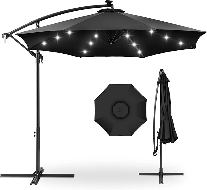 Best Choice Products 10ft Solar LED Offset Cantilever Hanging Market Patio Umbrella, 8 Sturdy Ribs, Easy Adjustment - Black BestChoiceProducts