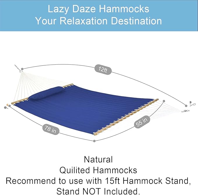 Lazy Daze Hammocks 12 FT Double Quilted Fabric Hammock with Spreader Bar and Detachable Pillow, 450lbs Weight Capacity, Navy Blue LazyDazeHammocks
