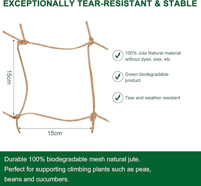 Jute Trellis Netting - Jute Netting for Garden, Heavy Duty Plant Support Netting for Climbing Plants, Cucumber, Vine, Fruits & Vegetables, Climbing Vining Plants (3.3 Ft X 6.6 Ft, 5.9 Inch Squares) Miuezuth