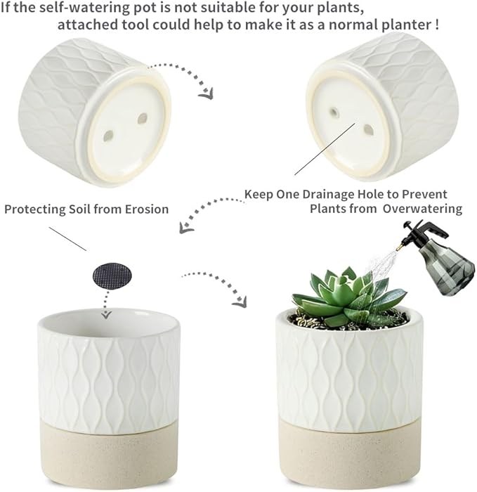 Nihow Self Watering Plant Pot: 4.5 Inch Ceramic Planter with Drainage Hole & Water Storage Plus for Indoor & Outdoor Plants - Cylinder Flower Pot for Herbs/Violets - Cream White & Brown Net Nihow