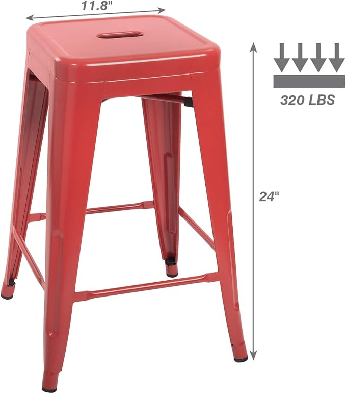 Devoko Metal Bar Stools 24" Indoor Outdoor Stackable Barstools Modern Style Industrial Vintage Counter Bar Stools Set of 4 (24 inch, Red) DEVOKO