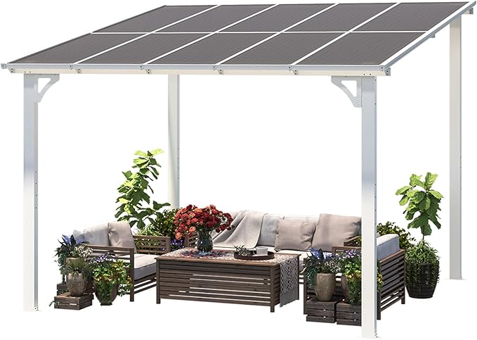 AECOJOY 10' x 10' Pergola Gazebo in White, Small Wall Mounted Pergolas and Gazebos on Clearance, Outdoor Patio Lean to Gazebo Metal Awnings for Deck, Porch, Backyard and More AECOJOY