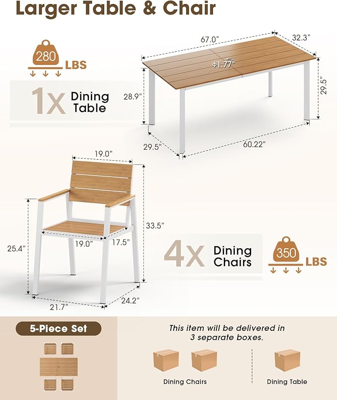 Outdoor Patio Dining Set, Aluminum & HDPS 5 Piece Outdoor Table and Chairs Set with Umbrella Hole, Modren Rectangular Patio Furniture Set with All-Weather Table and 4 Chairs (White & Teak) ComfCove