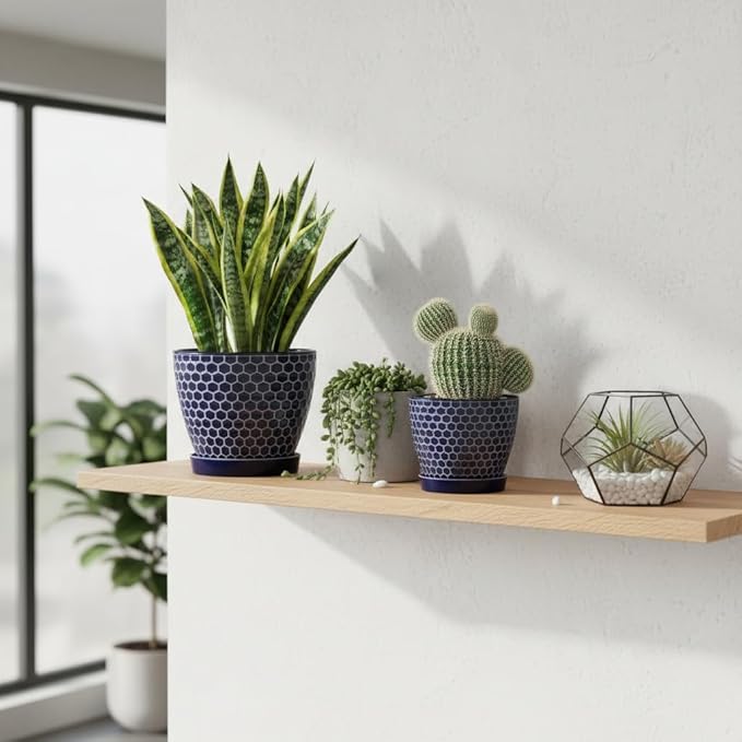 Docrin Blue Honeycomb Ceramic Plant Pot Set - 6.6"+5.5" Inch, Modern Decorative Planters with Drainage Holes & Saucers for Indoor/Outdoor Home Office DOCRIN