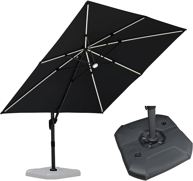 PURPLE LEAF 10 Feet Patio Umbrella with Base Outdoor Cantilever Solar Powered LED Square Umbrella Aluminum Offset Umbrella with 360-degree Rotation for Garden Deck Pool Patio, Grey PURPLELEAF