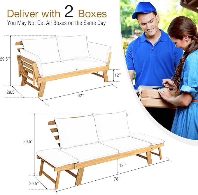 Tangkula Convertible Acacia Wood Patio Couch Sofa Bed with Adjustable Armrest, Outdoor Daybed with Cushion & Pillows, Outside Folding Futon Sofa Couch Bench for Porch, Courtyard, Poolside & Garden TANGKULA