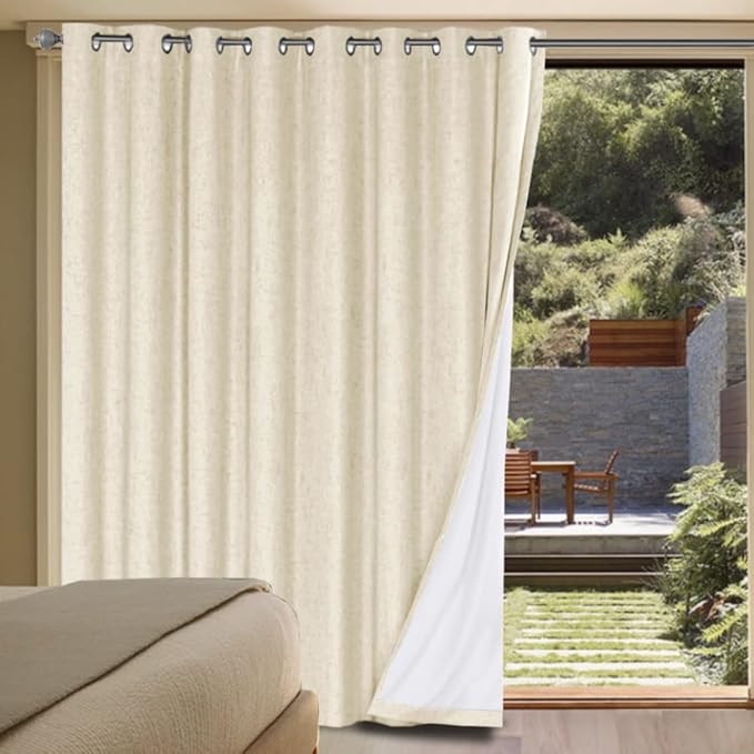 H.VERSAILTEX Linen Blackout Curtains Durable Thick Textured Linen Look 100% Blackout Patio Door Curtain Anti Rust Grommet Extra Wide Sliding Door Curtain Panel, Bleached Sand, W100 x L108 inch HVERSAILTEX