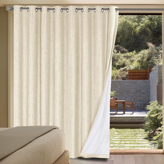 H.VERSAILTEX Linen Blackout Curtains Durable Thick Textured Linen Look 100% Blackout Patio Door Curtain Anti Rust Grommet Extra Wide Sliding Door Curtain Panel, Bleached Sand, W100 x L84 inch HVERSAILTEX