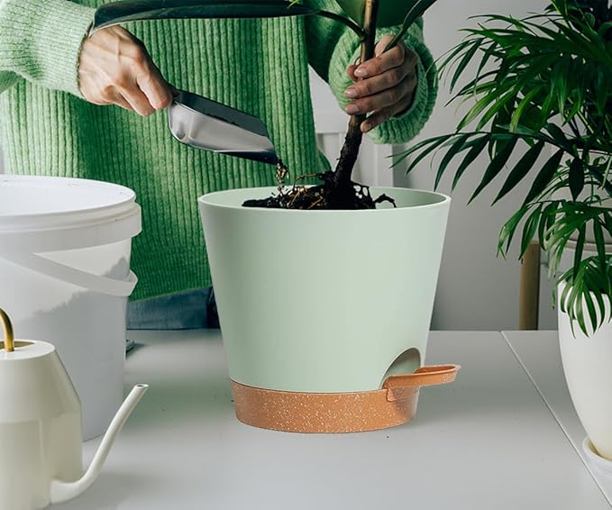 Self Watering Green Plastic Plant Pot Flower Planters with Drainage Hole And Deep Reservoir Large Planting Pots for for All Houseplants,Succulent, African Violets, Flowers and Cactus 12Inch/2pcs SESUN-E