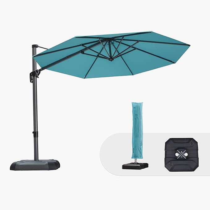 PURPLE LEAF 10 Feet Patio Umbrella with Base and Cover Round Outdoor Cantilever Umbrella Aluminum Offset Umbrella with 360-degree Rotation for Garden Deck Pool Patio Turquoise Blue PURPLELEAF