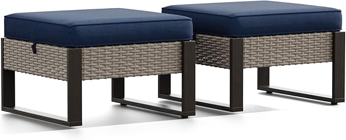 Joyside Outdoor Patio, All-Weather PE Rattan Ottomans Footstools with Removable Cushions & Anti-Rust Wood-Looking Legs for Garden, Backyard, Porch, Deck (Blue) Joyside