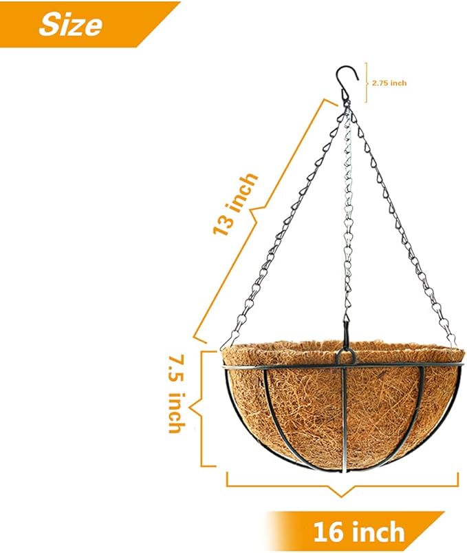 Hanging Plant Basket Flower Holder (2pack, 16 inch)-Metal Wire Round Hanging Basket Planter with Coco Fiber Liners for Plants Flower Pots Outdoor Garden Porch and Balcony Decor TOOCMEUK