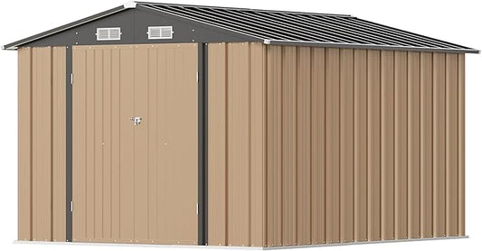 Greesum 8x10FT Outdoor Storage Shed, Metal Storaged Sheds with Lockable Doors, Sheds & Outdoor Storage for Bike, Backyard, Pool and Garden, Brown BuynowfromGreesum