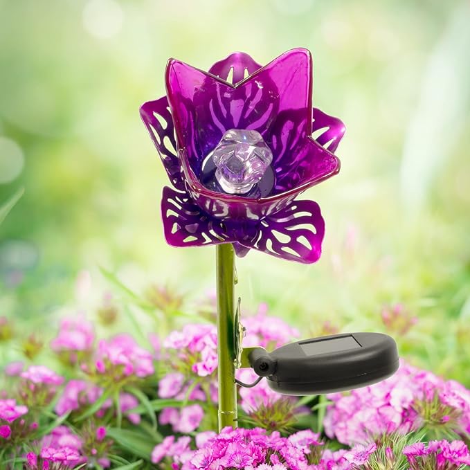 Crosslight Glass Flower Solar LED Waterproof Outdoor Garden Stake - Decorative Electronic Light Garden Decor for Yard, Lawn, Patio, Deck, Pathway, Pond, Backyard (Purple) Crosslight