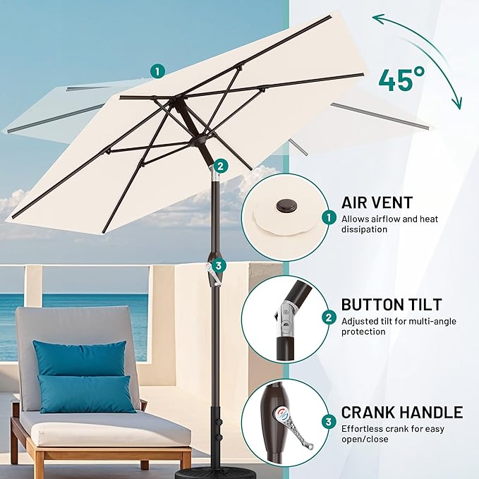AreShark 7.5FT Patio Umbrella Table Market Umbrella with 6 Sturdy Ribs, Button Tilt/Crank, Heavy-Duty Outdoor Umbrellas for Pool, Deck, Garden and Backyard, Cream White Rootora