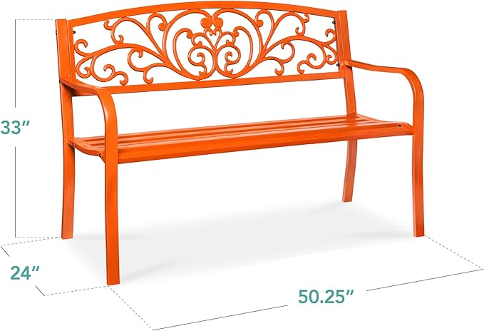 Best Choice Products Outdoor Bench Steel Garden Patio Porch Furniture for Lawn, Park, Deck w/Floral Design Backrest, Slatted Seat - Carrot BestChoiceProducts