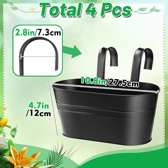 MADHOLLY Railing Planter with Drainage Holes - Sturdy Bucket Pots for Railing Fence, Countryside Style Metal Flower Pots for Herbs Balcony Garden Yard Decor, 4Pcs, Black MADHOLLY