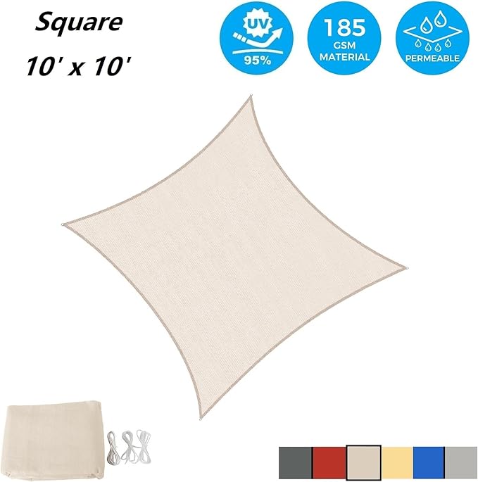 AsterOutdoor Sun Shade Sail Rectangle 10' x 10' UV Block Canopy for Patio Backyard Lawn Garden Outdoor Activities, Cream AsterOutdoor