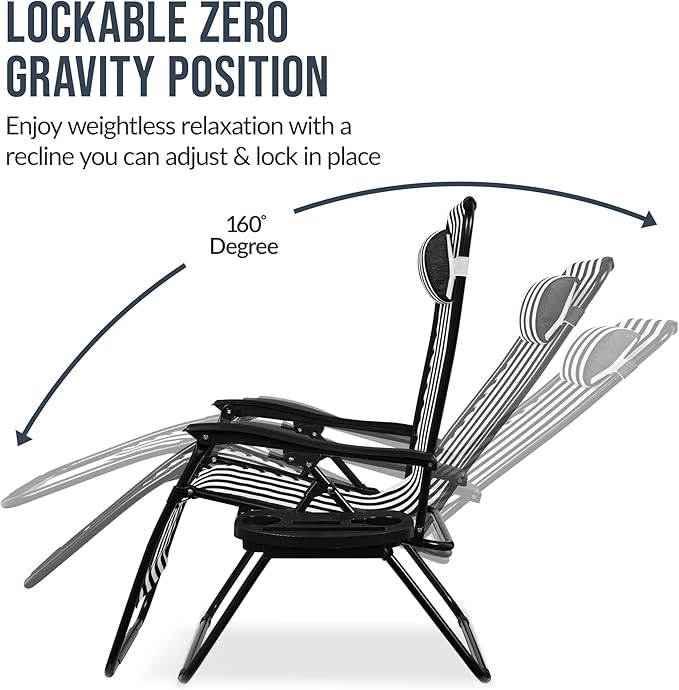 Best Choice Products Set of 2 Extra Wide Adjustable Steel Mesh Zero Gravity Lounge Chair Recliners w/Pillows and Cup Holder Trays - Black Stripes BestChoiceProducts