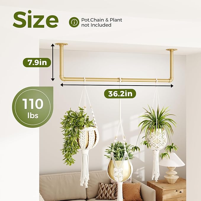 Bamworld Hanging Planters for Indoor Plants Plant Hanger Indoor Hanging Plant Rod 36.2in Window Plant Shelves Metal Rod Pot/Chains Not Included (Gold) Bamworld