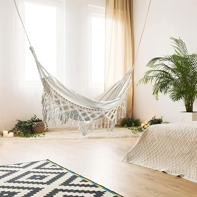 Hammock Brazilian Double Hammocks Soft Comfortable Fabric Cotton Canvas Hanging Portable Two Person Hammock Boho Fringe Large for Adults Backyard Travel KEREITH