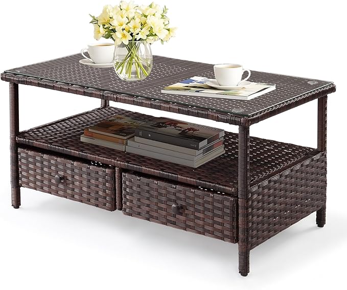 VINGLI Outdoor Wicker Coffee Table with 2 Drawers & Tempered Glass Top, Patio Coffee Table Outdoor Table for Balcony, Porch, Deck VINGLI
