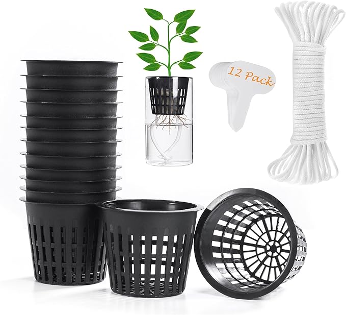 ORIMERC 12 Pack 3 inch Net Cups Pots with 12 feet Hydroponics Self Watering Wick & 12 Plant Labels Aquaponics Mason Jar Bucket Insert Orchid kratky Vegetable Garden Growing Netted Basket Slotted Mesh OrimercGarden