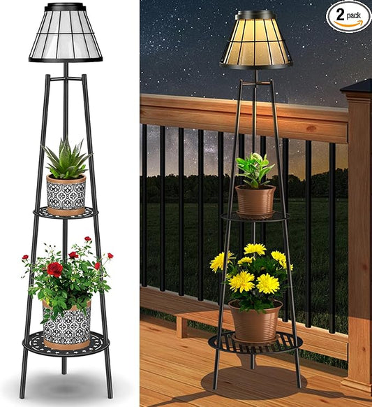 2 Pack 45.5'' Outdoor Floor Lamps with 2 Tier Plant Stand, Solar Powered Metal Waterproof Lights for Patio Deck Yard Garden Porch Decor VISFLAIR