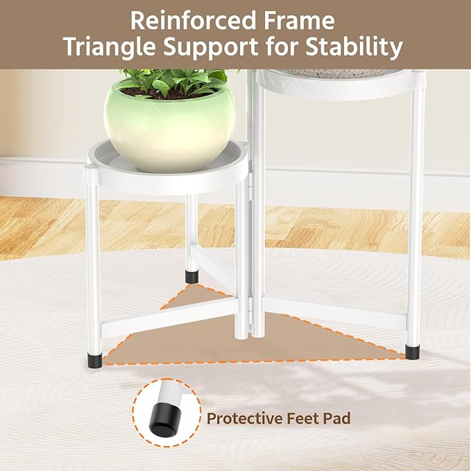 LASZOLA 3 Tiered Folding Plant Stand Indoor for Multiple Large Planter, Tall Heavy Duty Adjustable Rack with Rust Proof Plastic Shelving, Sturdy Vertical Tree Organizer for Narrow Inside Floor, White LASZOLA