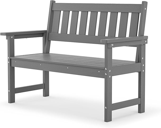 LUE BONA Outdoor Bench, 2-Person HDPS Garden Bench, Outdoor Benches Weatherproof, All-Weather Fade/Rot Resistant Patio Bench for Park, Front Porch, Backyard (Dark Gray) LUEBONA