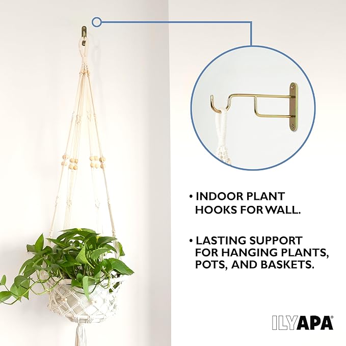 Ilyapa 3 Pack Metal Wall Plant Hangers - 7 Inch Plant Hanger for Indoor - Rustic Brass Finish Hooks for Hanging Plants, Baskets, and Macrame - Indoor Hangers for Plants, Lanterns or Wind Chimes Ilyapa