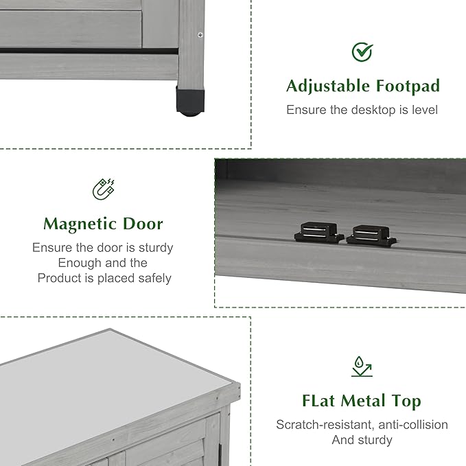 Outdoor Storage Cabinet & Potting Bench Table with Metal Top, Wooden Patio Furniture, Garden Workstation (Accent Grey, 36x31x17in) OutdoorFurniture