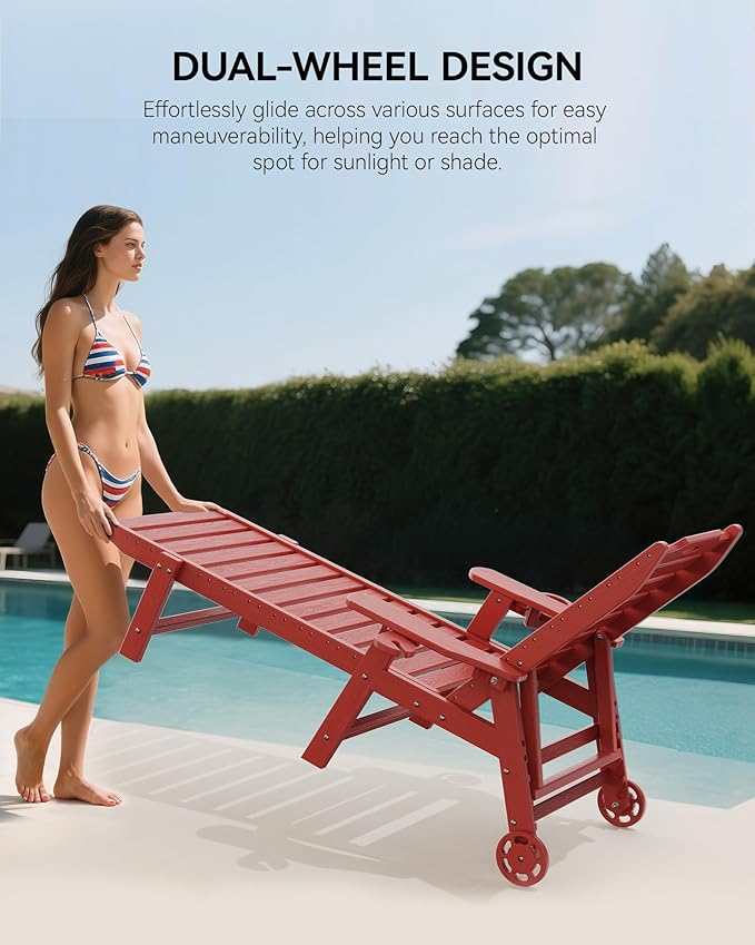 Carauci Lounge Chair Outdoor Set of 2, HDPE Chaise Lounge with Wheels, 5-Position Adjustable Backrest & 2 Cup Holders Patio Lounge Chair, All-Weather Pool Sun Lounger for Poolside, Backyard, Red Carauci