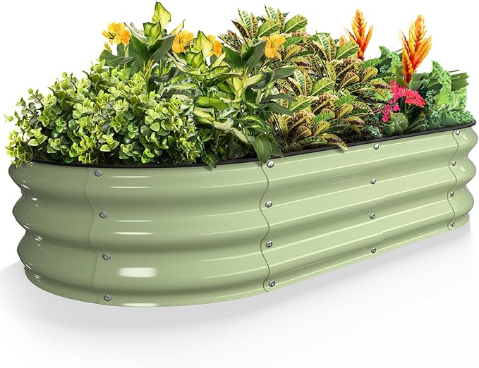 Kesfitt Raised Garden Bed, 4x2x1 FT Galvanized Steel Metal Raised Garden Bed, Oval Open-Bottom Design, 12-Inch Deep for Outdoor Vegetable & Herb Gardening, Fruit Green Kesfitt