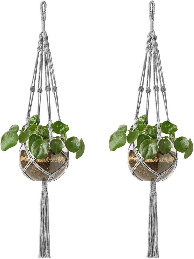 Mkono Macrame Plant Hangers Indoor Outdoor Hanging Planter Basket Cotton Rope 4 Legs 41 Inch, 2 Pack, Grey Mkono