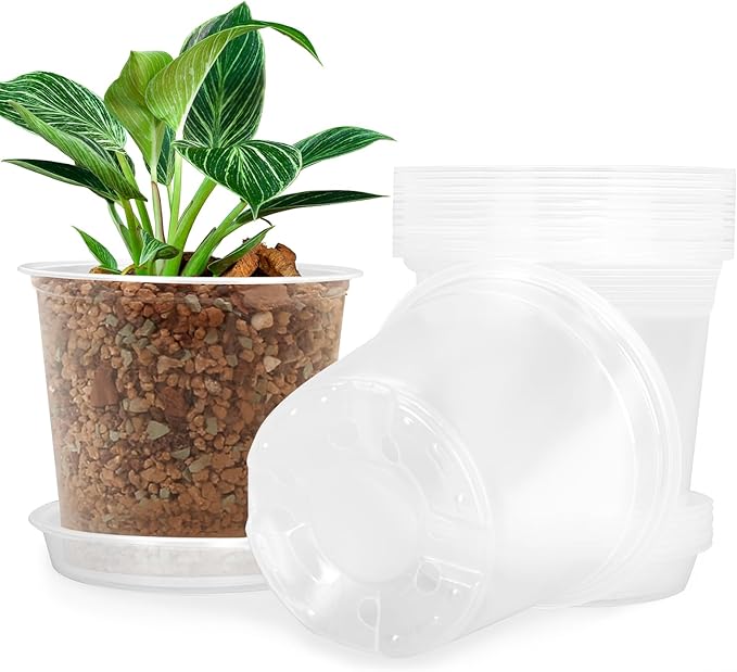 5 Inch Clear Nursery Pots for Plants with Sacuers 15 Pack, Plastic Flower Pots with Drainage Holes, Variety Pack Seedlings Garden Pot for Indoor Outdoor (5 inch) FUIJOL