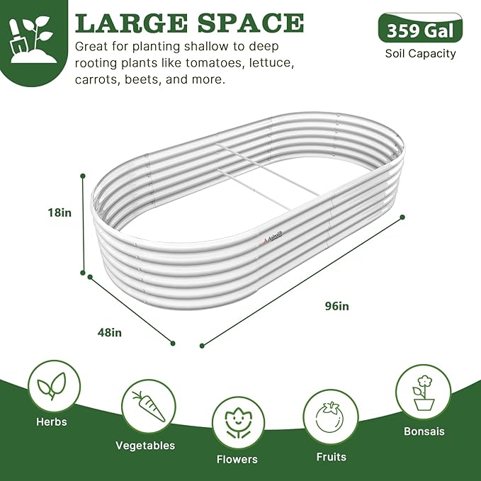 A ANLEOLIFE 8X4X1.5 ft Galvanized Raised Garden Beds Outdoor, Oval Large Metal Planter Box for Planting Vegetables Flowers Herb, Anti-Rust & Easy-Setup, Antique White AAnleolife