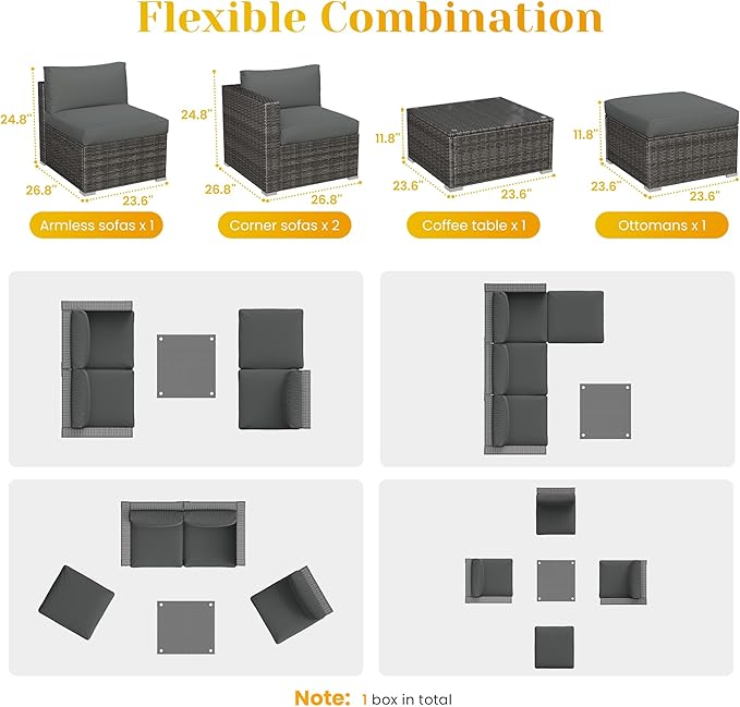 5 Piece Outdoor Patio Sectional Furniture Set, Weather Resistant Rattan Outside Couch, Waterproof Conversation Sofa for Balcony, Porch, Backyard, Deck, Garden, Grey MayinColor