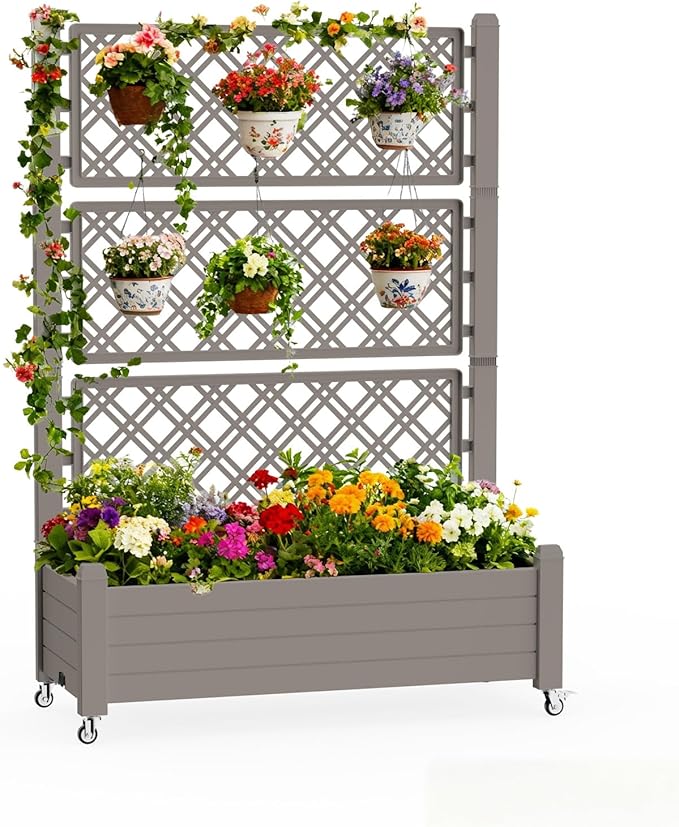 Mobile Garden Planter with Trellis & Lockable Wheels, Outdoor Raised Bed with Drainage & Water Gauge, Weather-Resistant Resin for Patio, Balcony, Yard, Dust-Resistant (Grey, 43.43*18.27*64.29) EASYUP